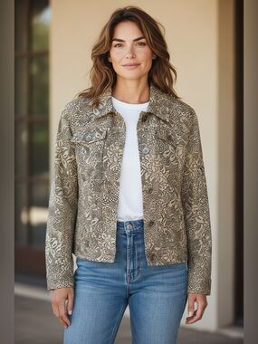 Christopher & Banks Beige Floral Print Jean Jacket